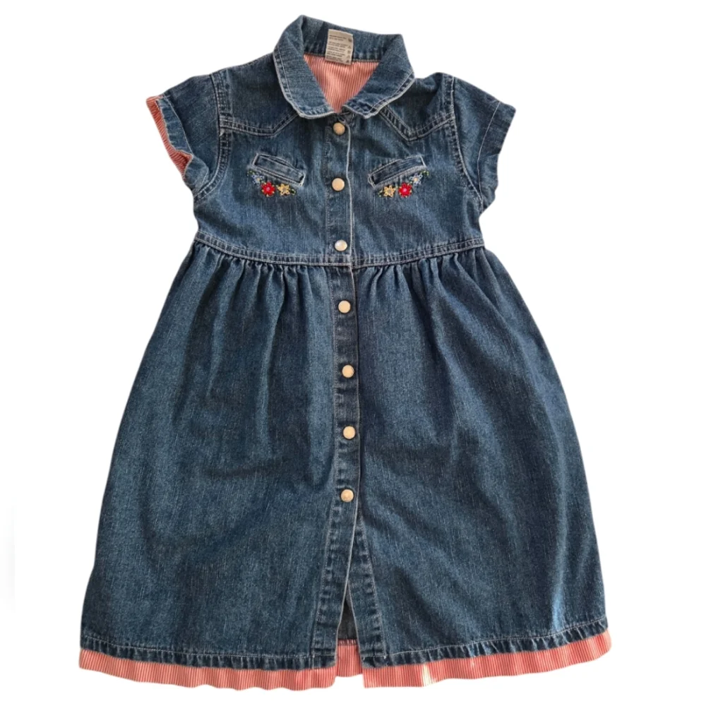 Vintage Y2K OshKosh B'Gosh denim collared short sleeved embroidered dress
